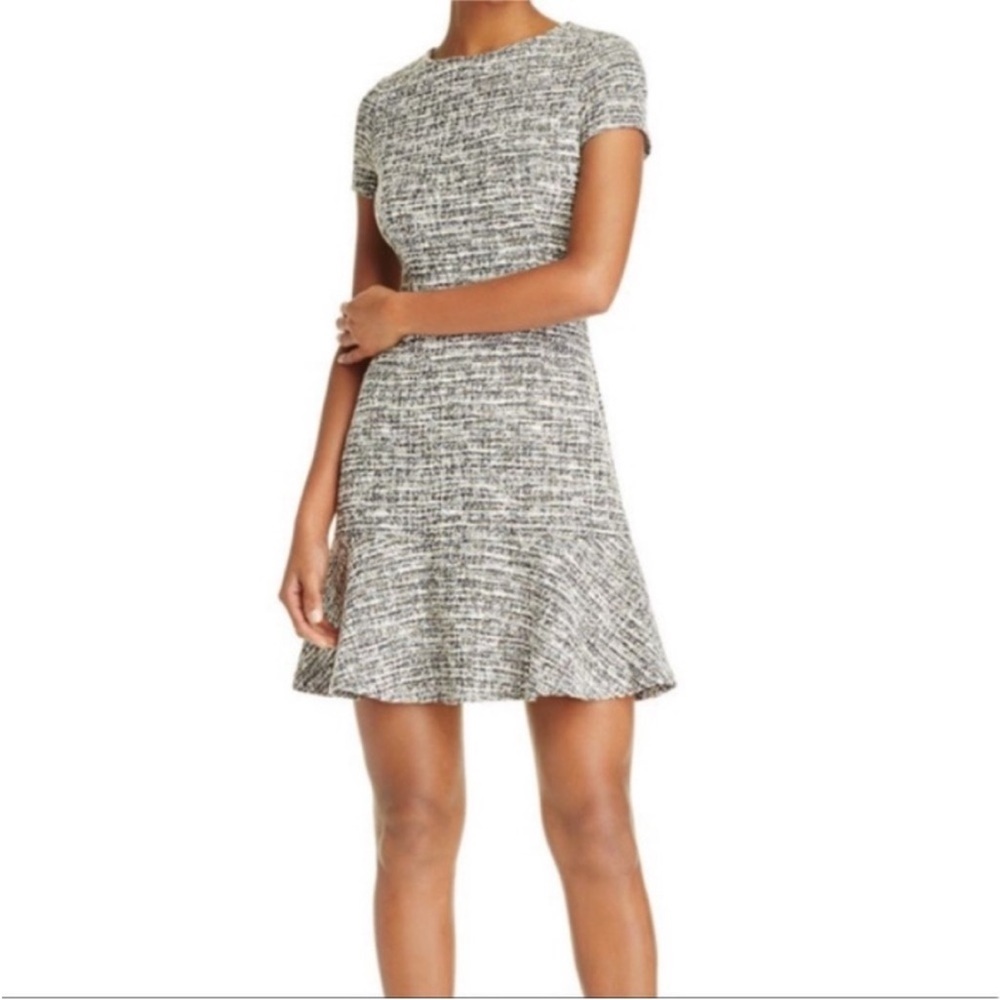 Aqua dress black white tweed fit and flare mini zipper Bloomingdale's